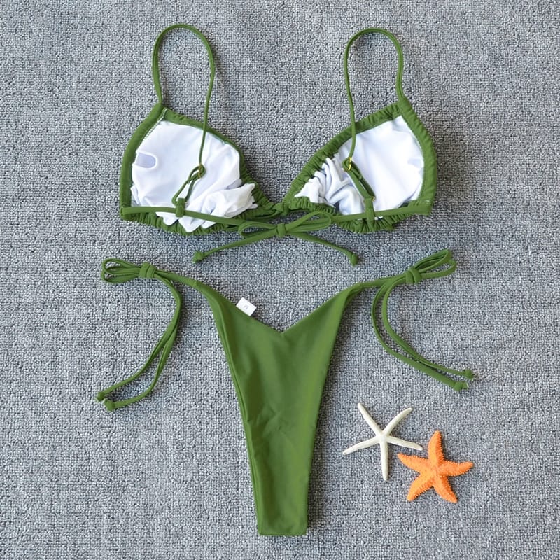 Women Plain Green Ruched Swimsuit with Tie side and Center Details Bikini Set