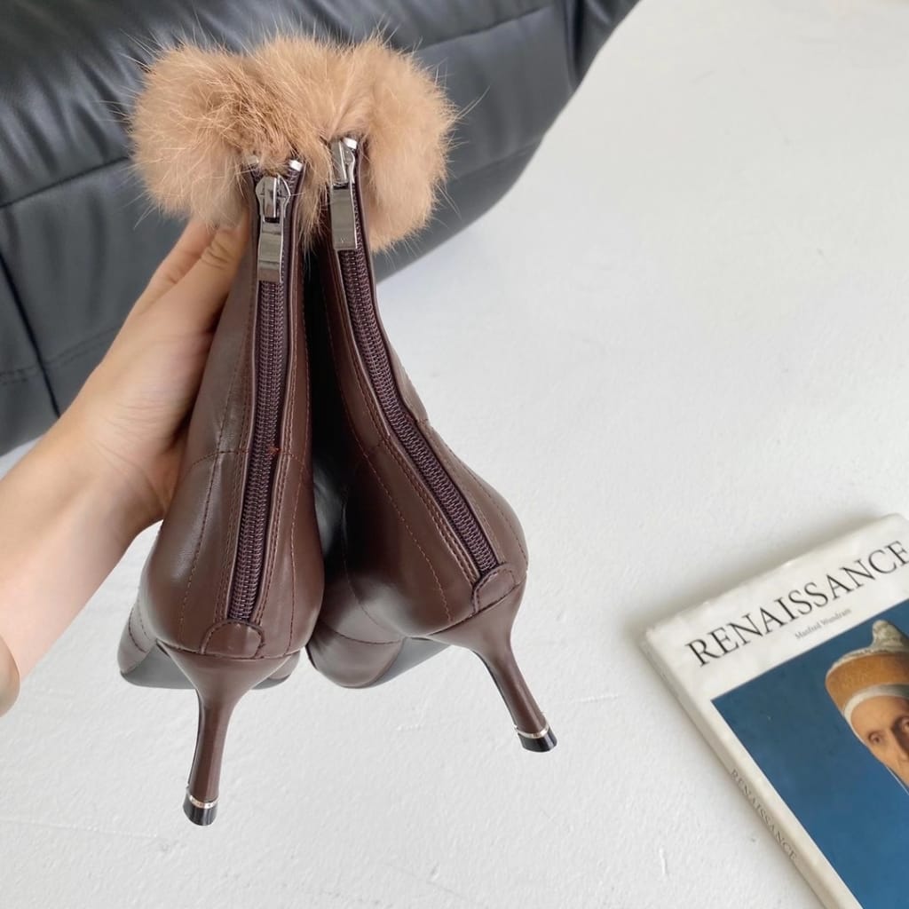 Women Black Pointed Toe Ankle Boots with thin High Heels back Zipper and Brown Fur detail Booties