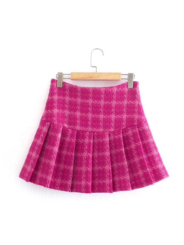 Women Hot Pink Paid Cropped Blazer and High Waist Pleated Mini Skirt Two Piece Set