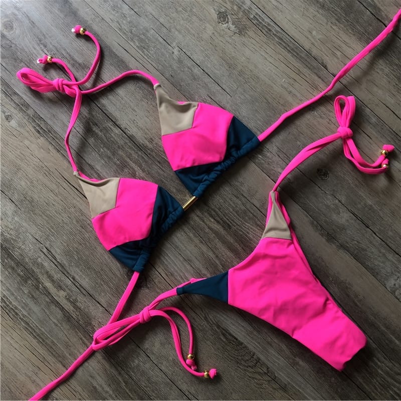 Color Block Hot Pink Blue Brown Bikini Set Women’s Swimming Suit Halter Drawstring Bathing