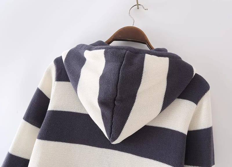 Women Blue and White Striped Knit Hoodie Cardigan with Zip