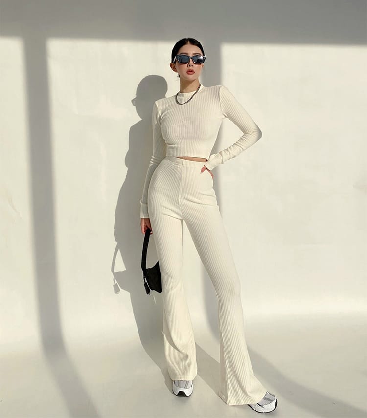 Women Grey High Neck Ribbed Long Sleeve Crop top and Stretch Waist Flare Trousers Co-ord Two