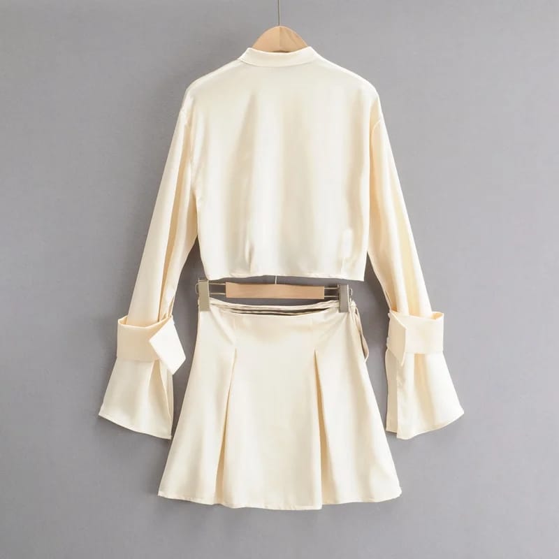 Women White Long Sleeve Satin Stand Collar Crop top Shirt with Cuff Closer and Tie Strap Mini