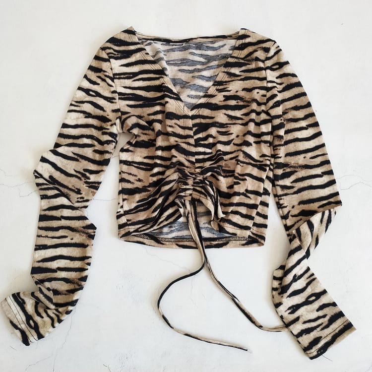 Women Zebra Print Long Sleeve Ruched Tie front T-shirt top