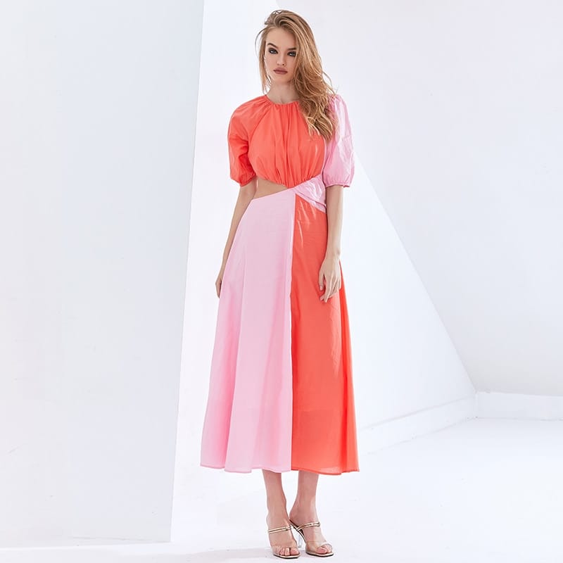 Women Two Tone Pink Cut out Puff Mid Sleeve High Neck Ruched Midi Dress A-line Flared Elegan Color