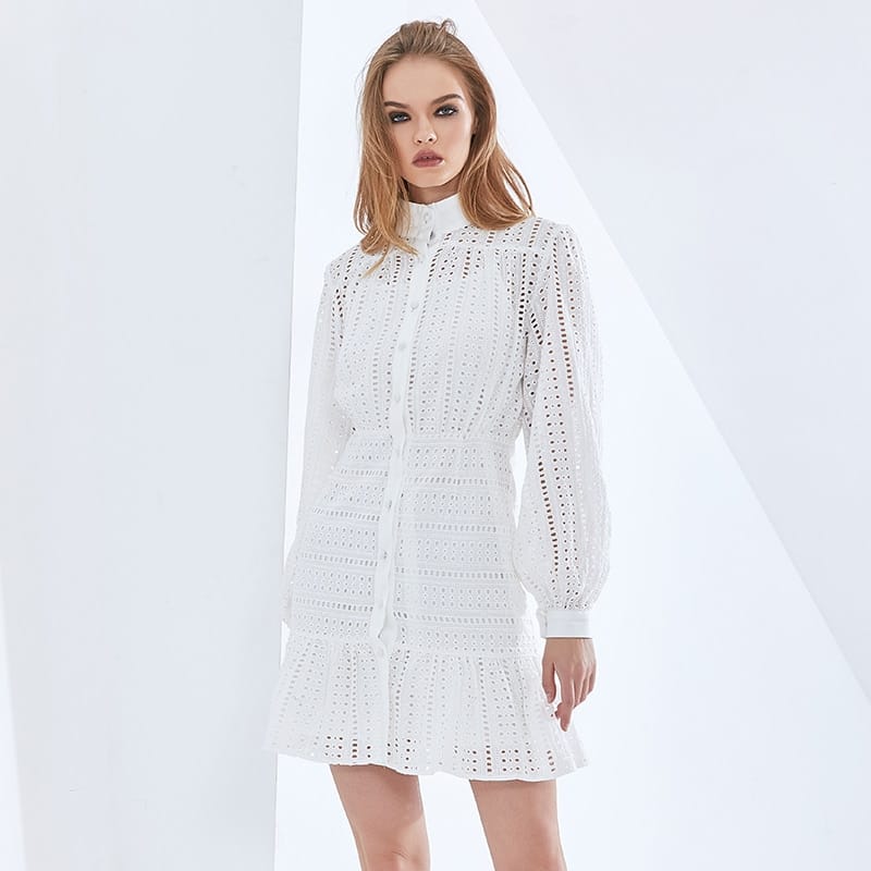 Women White Buttoned Long Sleeve A-line Elegant Mini Dress with High Collar and Ruffle detail