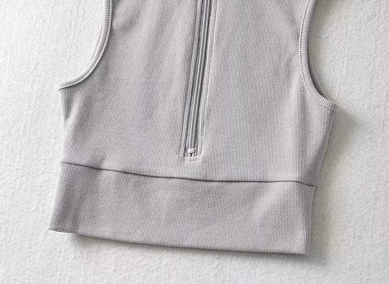 Women White Sleeveless Half Zip Crop Tank top with High Neck