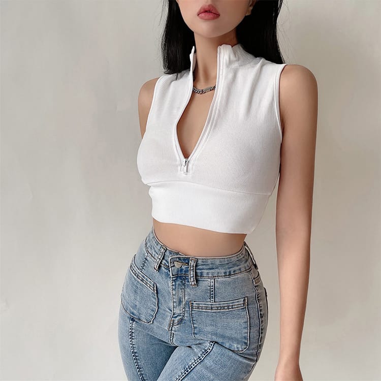 Women White Sleeveless Half Zip Crop Tank top with High Neck