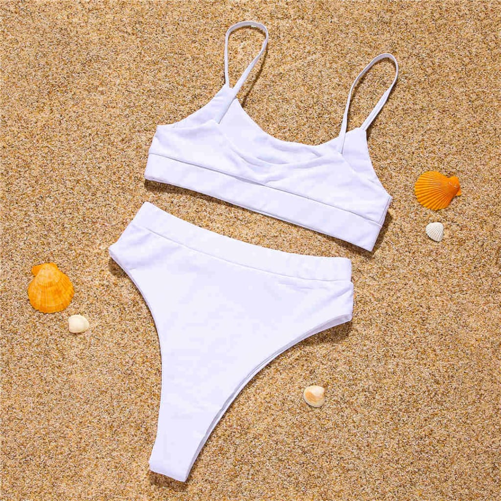 Women White High Waist Bikini Tank Set with Sequin Rectangle detail