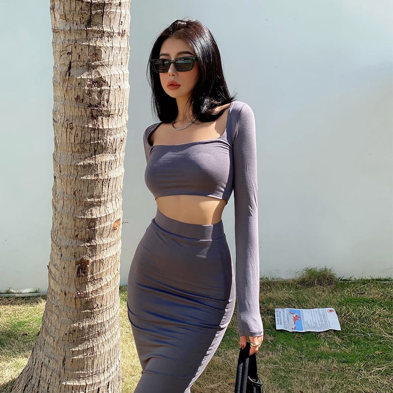 Women Grey co Ord Square Neck Long Sleeves Crop T-shirt and Bodycon Midi Two Piece Skirt Set