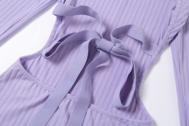 Lilac Purple Backless Long Sleeve Ribbed Midi Dress with Mock Turtleneck Low back and Tie detail