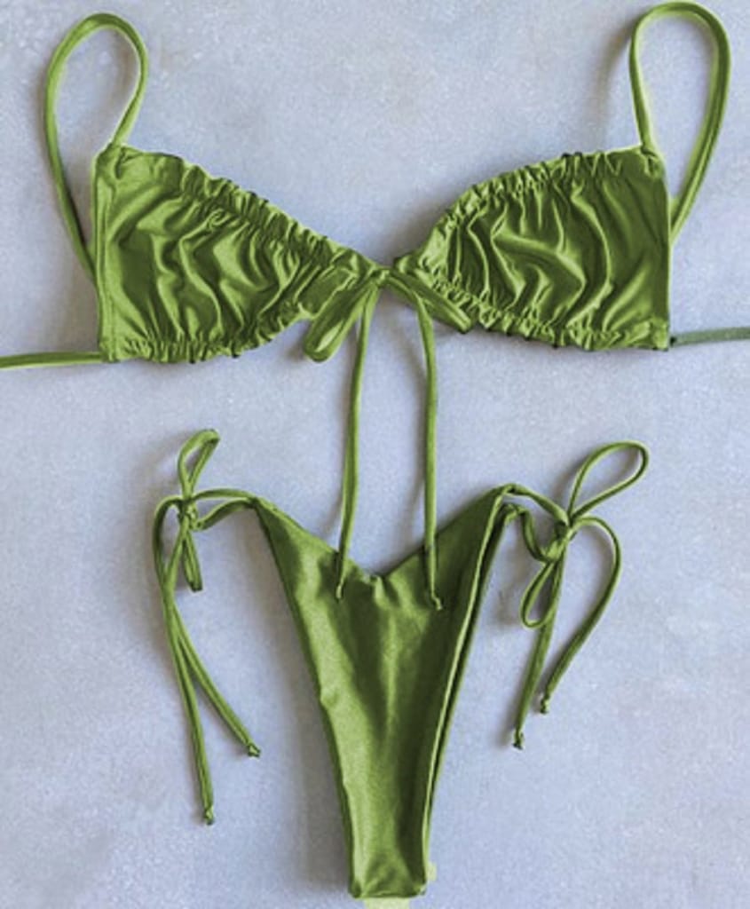 Women Mint Green Butterfly Print Ruched Swimsuit with Tie side and Center Details Bikini Set