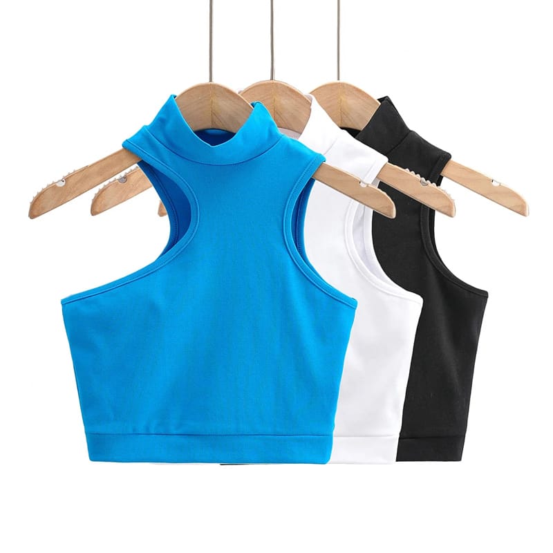 Women Black High Neck Asymmetrical Crop Tank top with Cut out detail