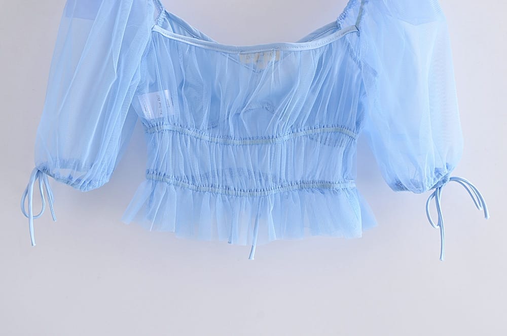 Semi Sheer Solid Blue Short Puff Sleeve Blouse with Bow Tie detail in Center and