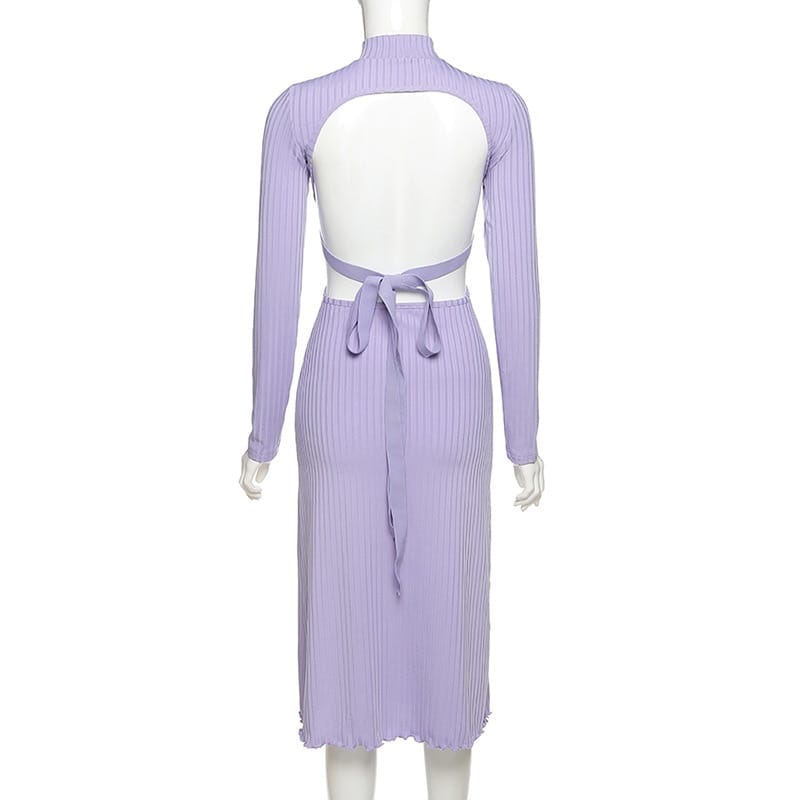 Lilac Purple Backless Long Sleeve Ribbed Midi Dress with Mock Turtleneck Low back and Tie detail
