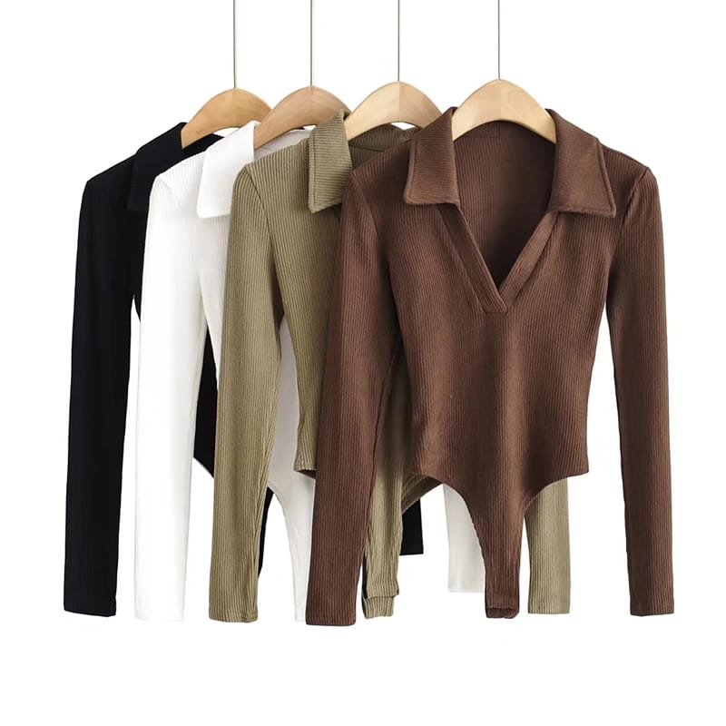 Women Brown Ribbed Deep V Collar Long Sleeve Bodysuit top