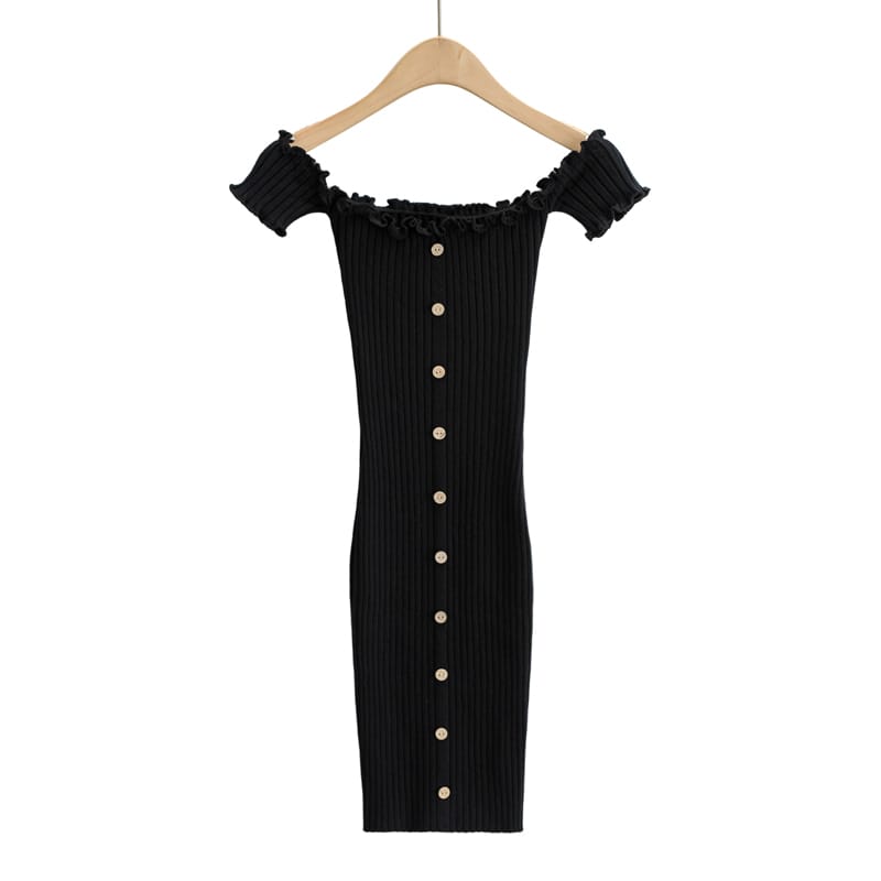 Women Black Bodycon off Shoulder Ribbed Mini Dress with Lettuce Trimming and Buttons detail