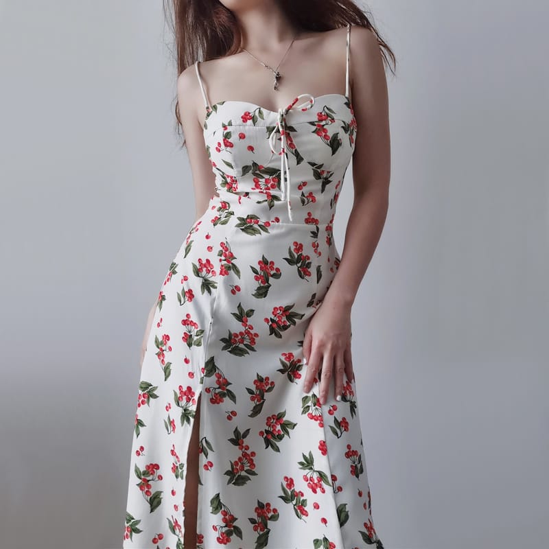 Women White Cherry Print Sweetheart Neckline Tie Straps Midi Dress with side Slit and Center front