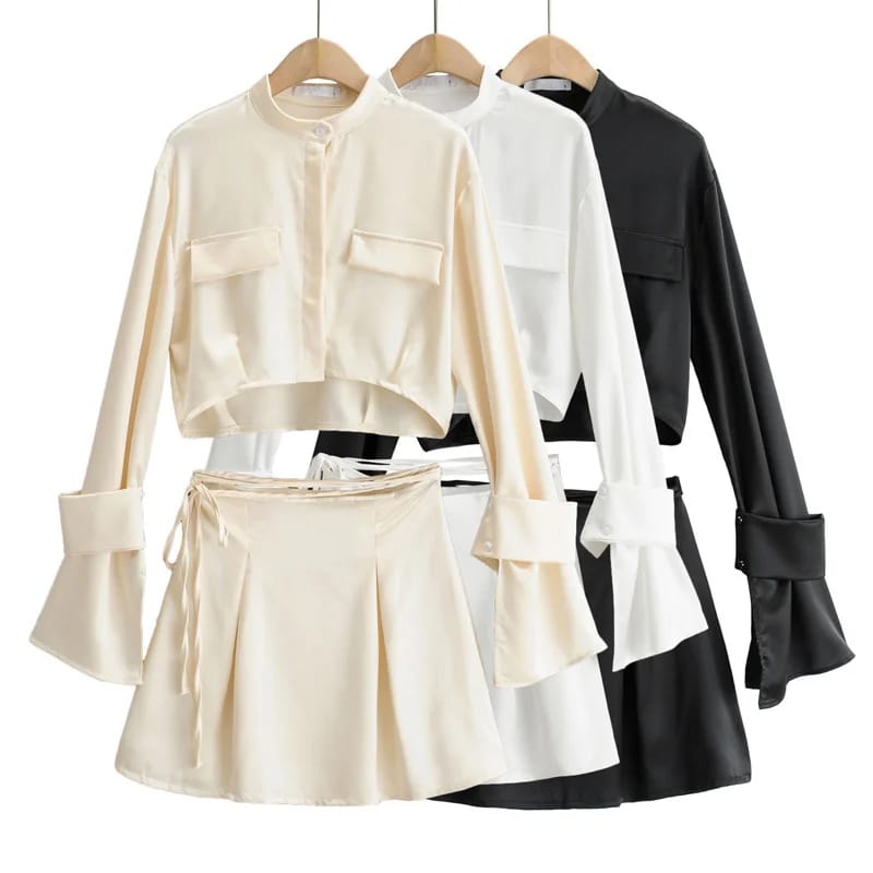 Women White Long Sleeve Satin Stand Collar Crop top Shirt with Cuff Closer and Tie Strap Mini