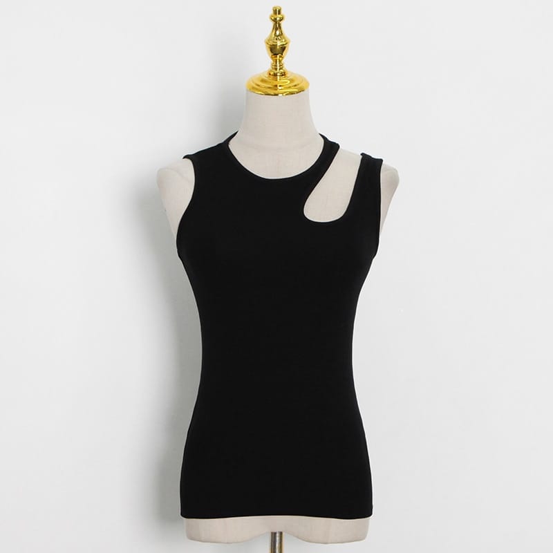 Women Cutout Solid White Ribbed Camisole Tank top with Round Neck and Asymmetrical Stapes