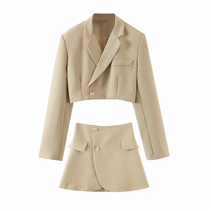 Women Beige Two Piece Skirt Set with Cropped Blazer Jacket and Wrap Mini