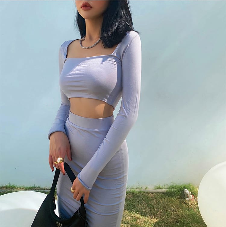 Women Grey co Ord Square Neck Long Sleeves Crop T-shirt and Bodycon Midi Two Piece Skirt Set