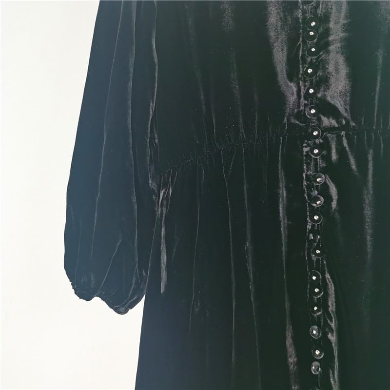 Black Vintage Velvet Loose Single-breasted V-neck 3/4 Sleeve Mini Dress
