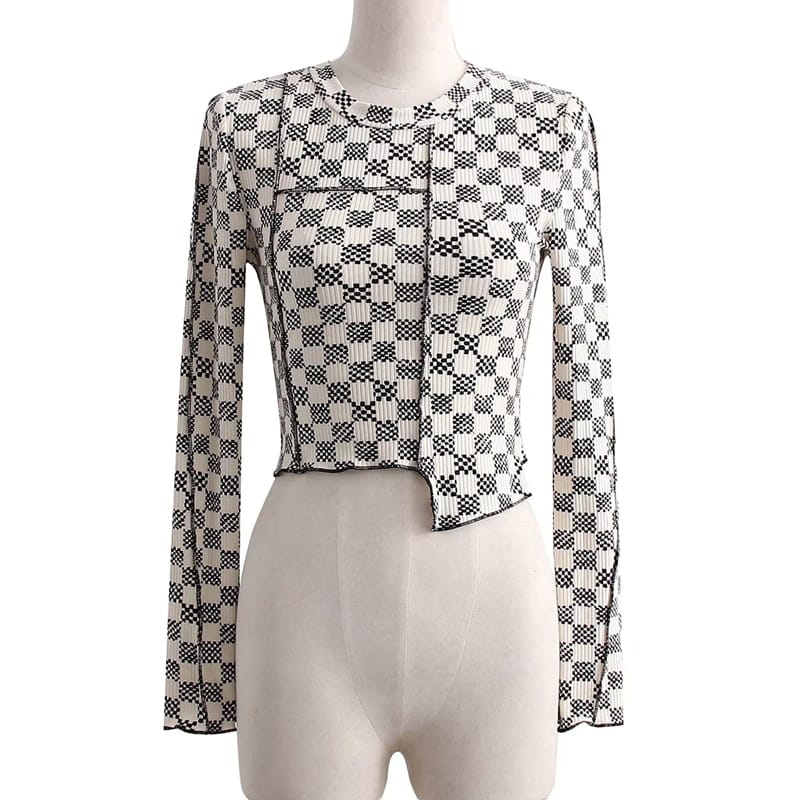 Women White and Black Mini Squares Print Asymmetrical Hem Plaid Cropped top with Contrast Stitch