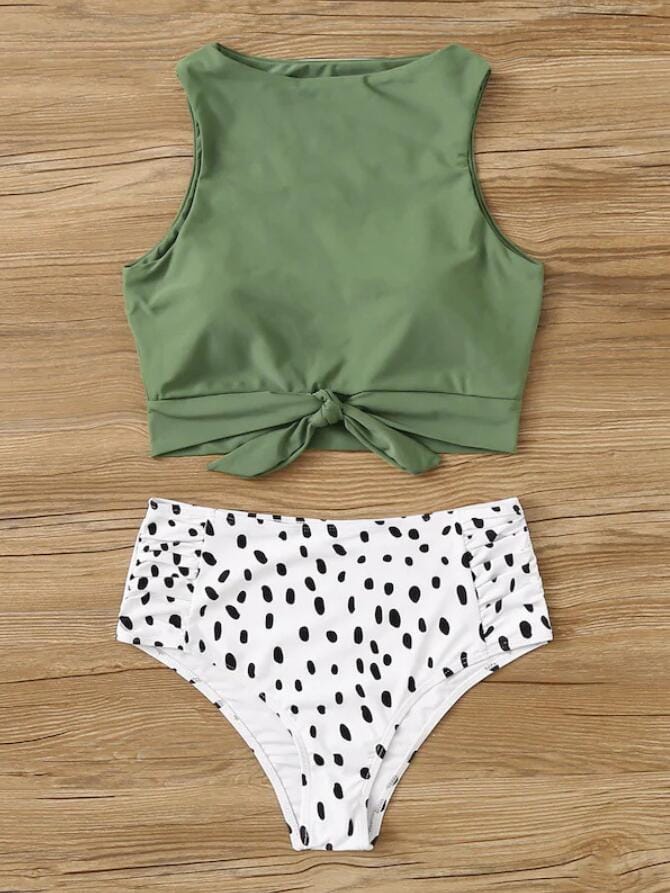 Knot front top with Dot High Waist Bikini Set new Prints 2022