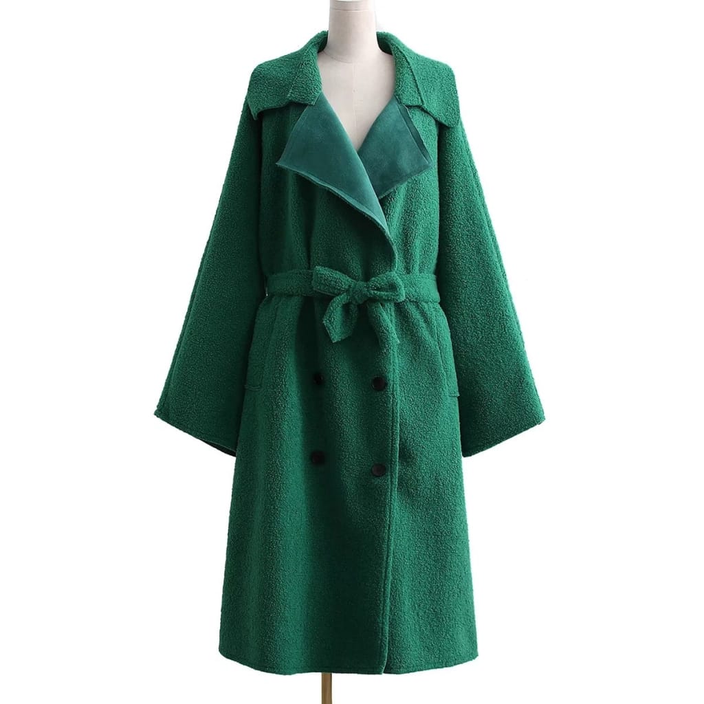 Women Green Maxi Tie Waist Faux Lamb Fur Long Sleeve Oversized Warm Outerwear Trench Coat