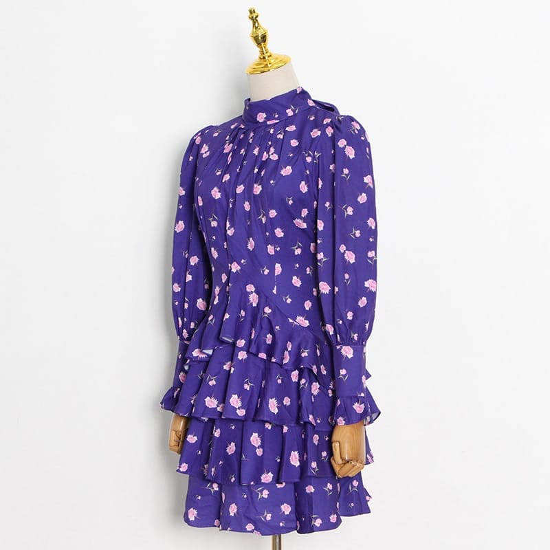 Women Purple Long Letran Sleeve Mini Dress with Pink Floral Print Turtleneck Ruffle Layers and back