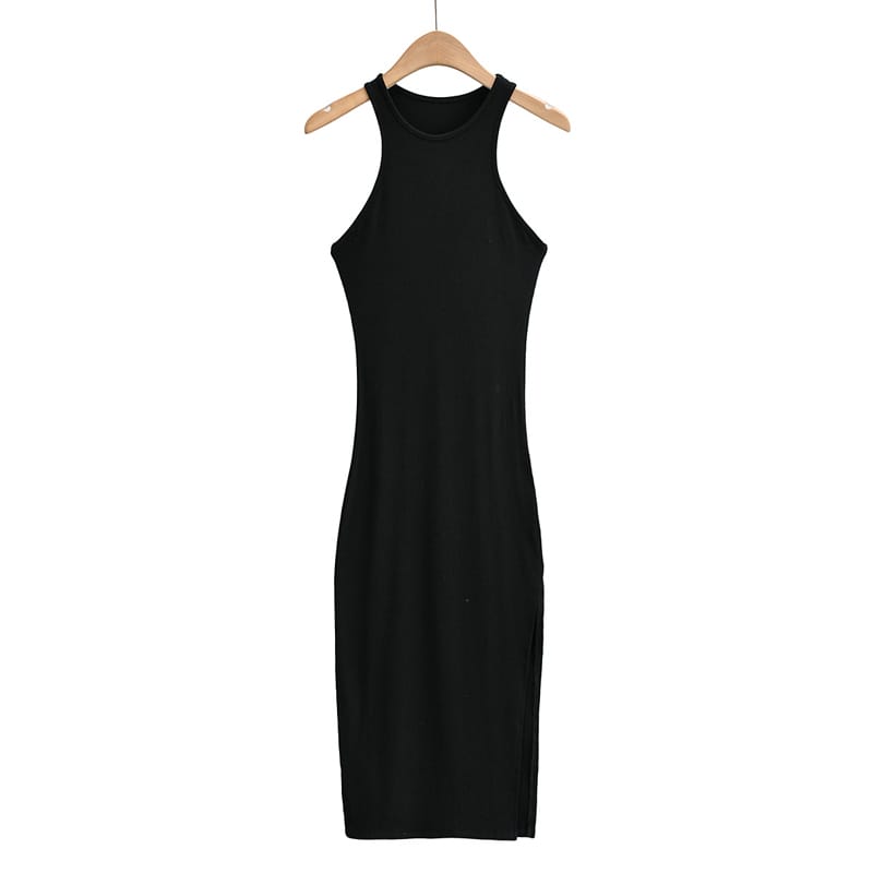 Women Ribbed Black Casual Racer front Neck Midi Dress with High side Split