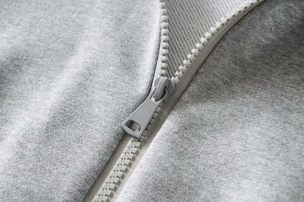 Women Grey Long Sleeve Chic Drawstring Pullover Crop top Sweatshirt with Zipper Upper detail
