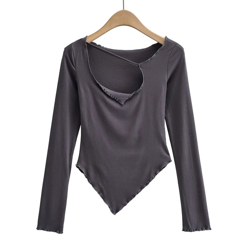 Women Black Long Sleeve Asymmetric top with Lettuce Edge Trim detail