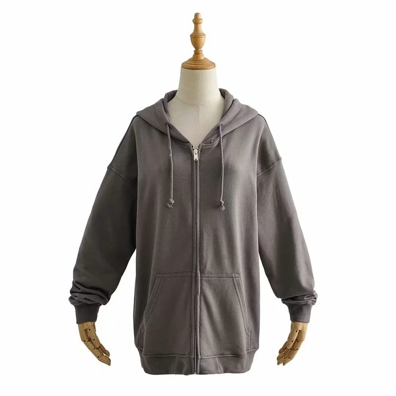 Women Grey Oversized Hooded Sweatshirt Drop Shoulder Zipper Jacket