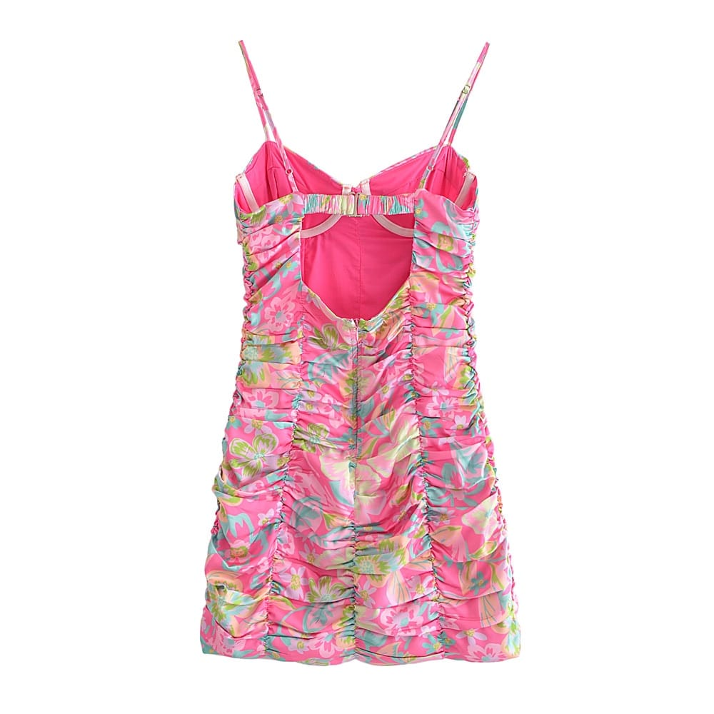 Women Hot Pink Floral Satin Bustier Cami Strap A-line Backless Mini Dress