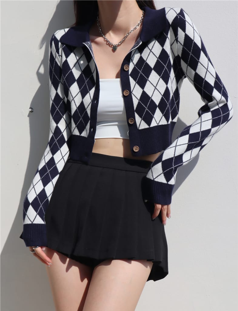 Blue Women Collared Fitted Crop Cardigan Knitted Argyle