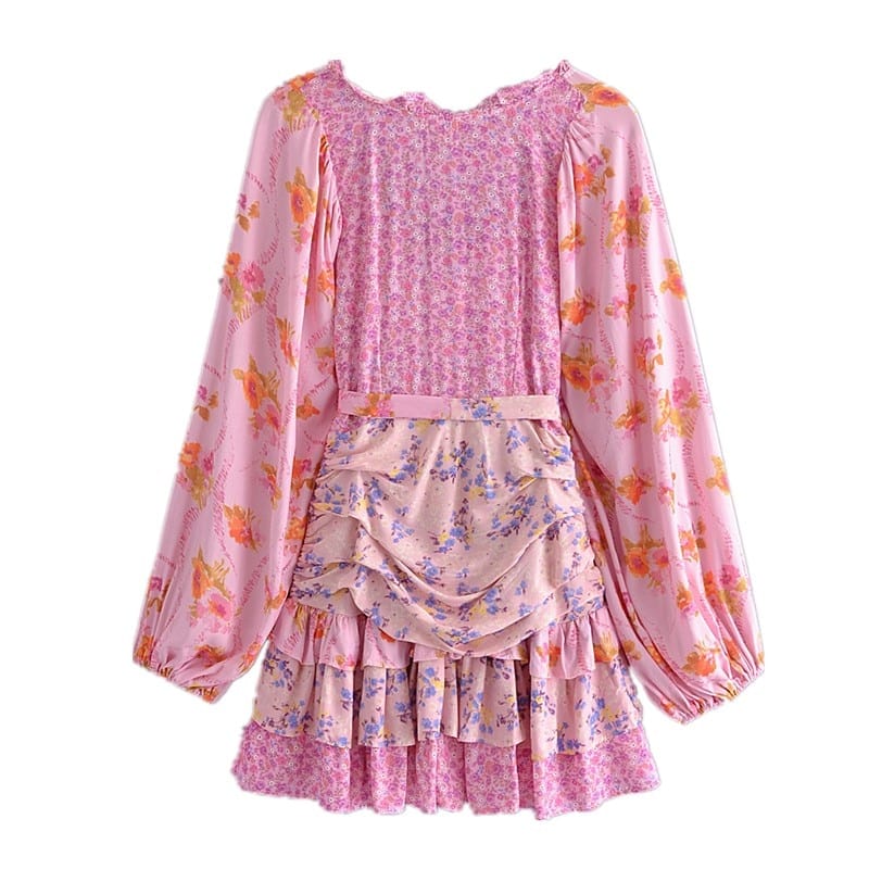 Pink Floral Color Blocked Patchwork Beach Holiday Dress with Long Puff Sleeve and Ruffle Tiered Mini