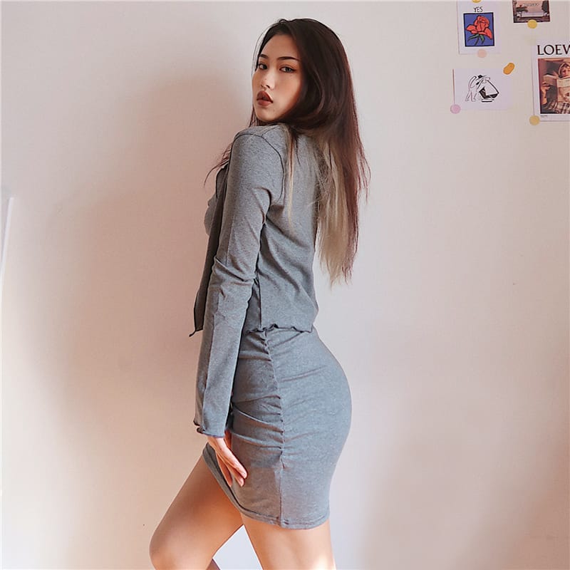 Women Grey Ruched Bust Cami Mini Bodycon Dress and Flare Long Sleeve Frill Trimmed top Two Pieces