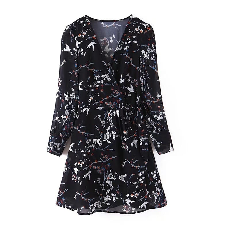 Women Vintage Black Floral Print Dress V Neck Long Sleeve High Waist A-line Casual Mini