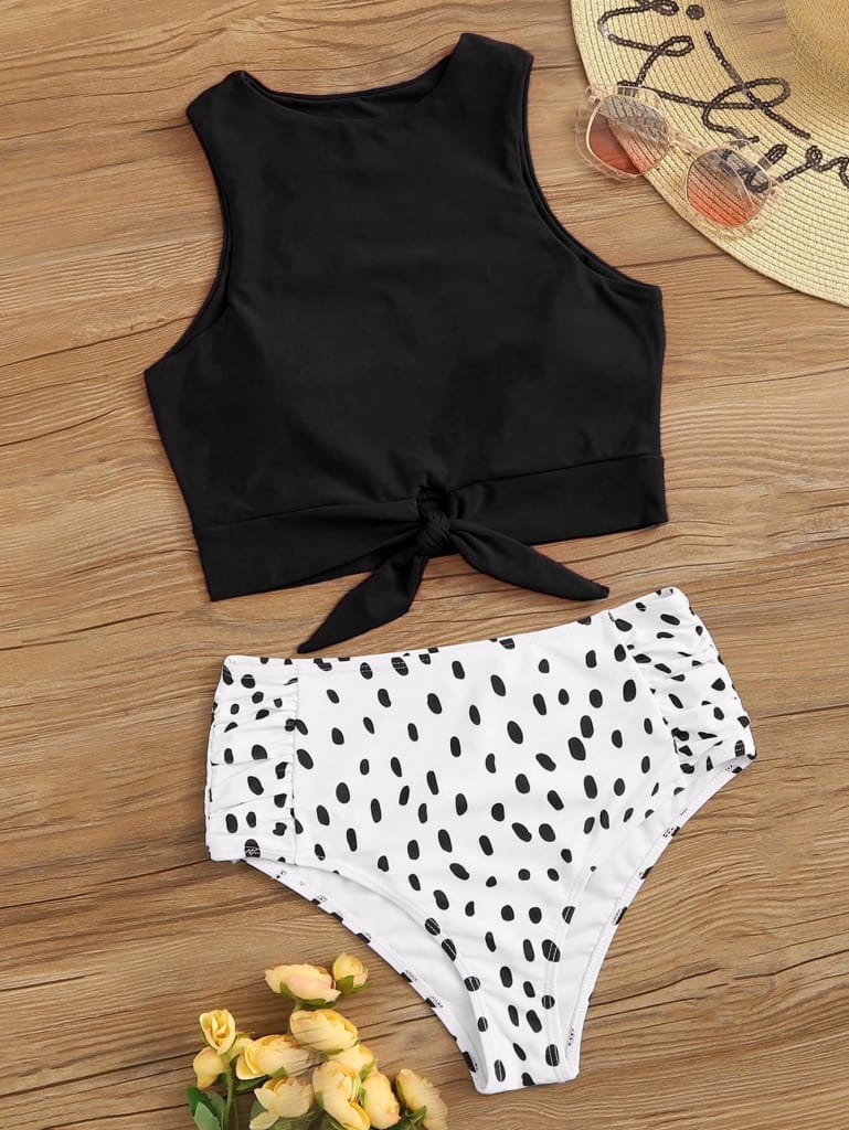 Knot front top with Dot High Waist Bikini Set new Prints 2022