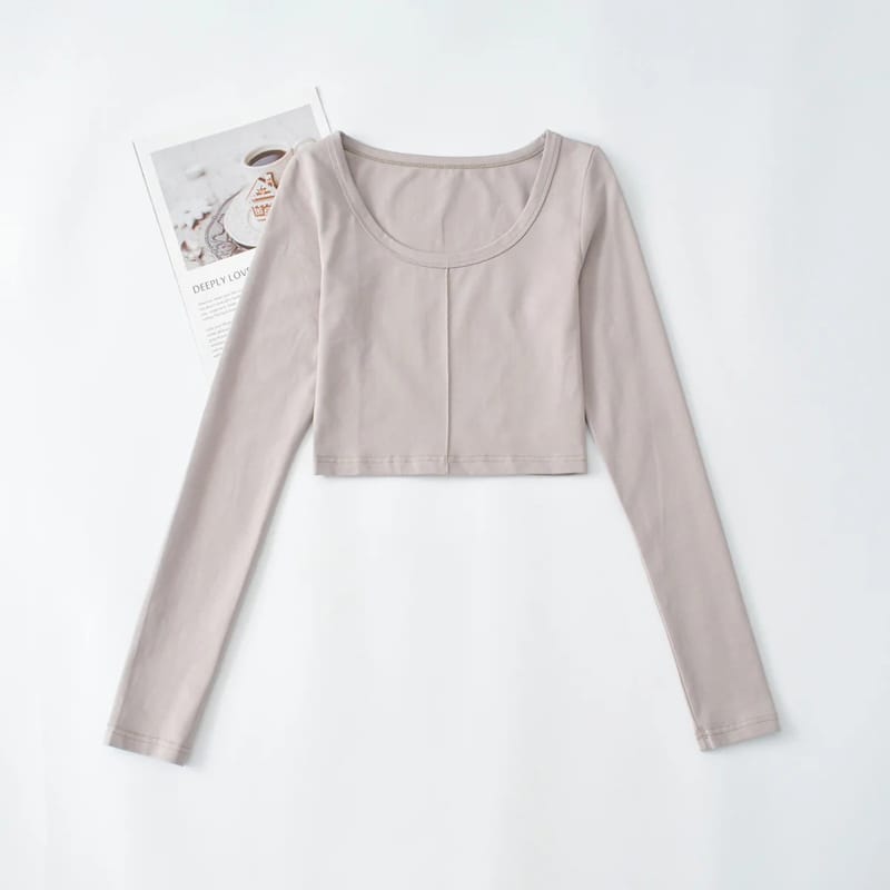Women Beige Long Sleeve Crop top Fitted T-shirt with Stitch detail