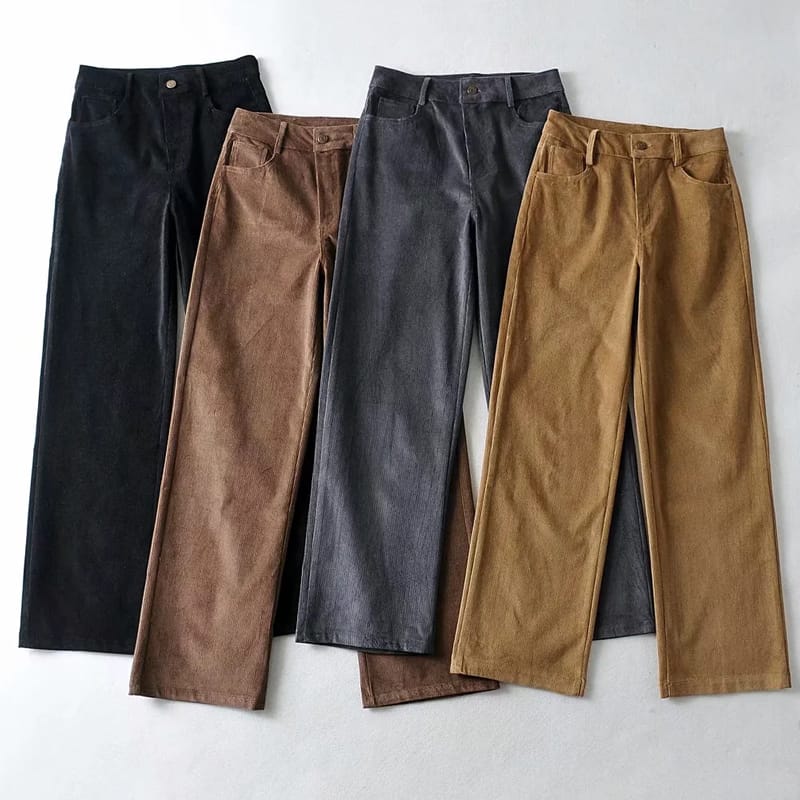 Women Brown High Waist Wide Leg Cord Trousers Corduroy Pants