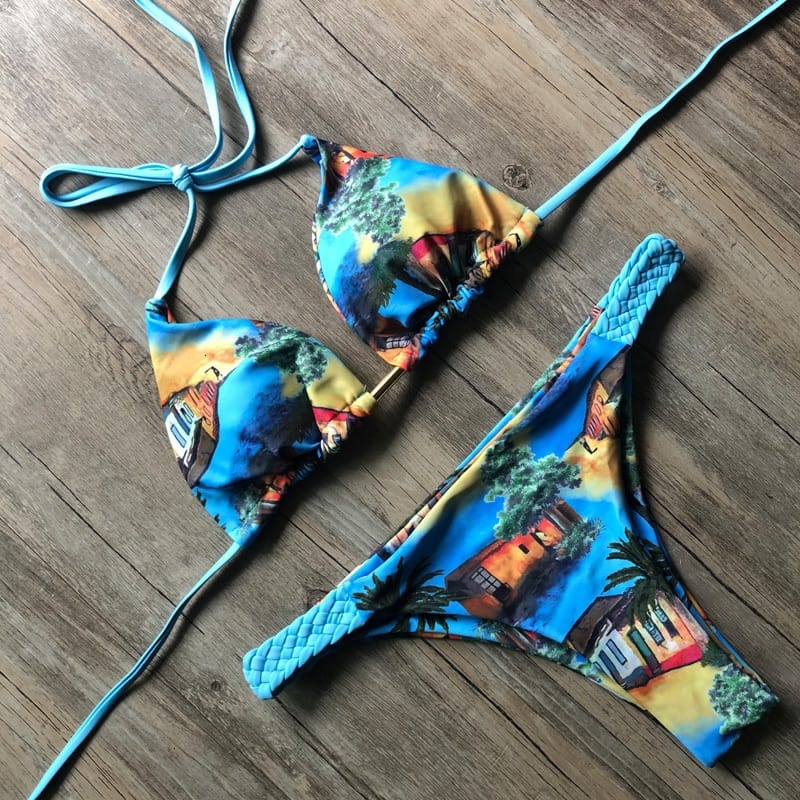 Color Block Hot Pink Blue Brown Bikini Set Women’s Swimming Suit Halter Drawstring Bathing