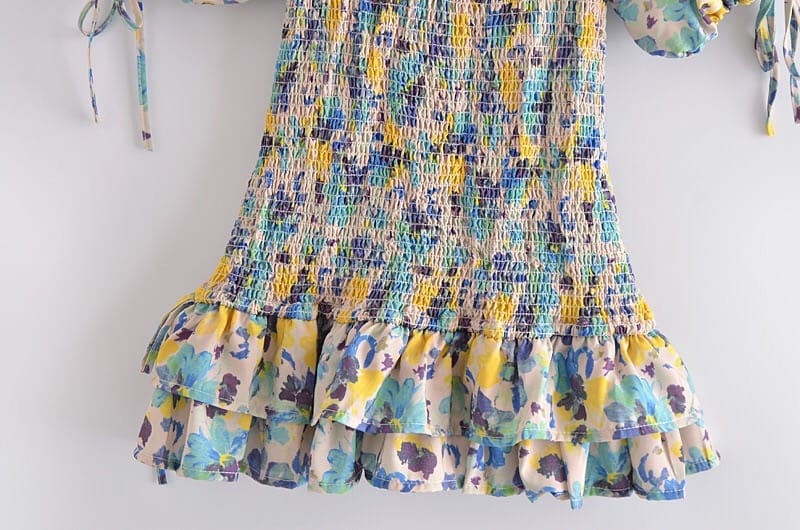 Women Yellow Floral Print Elastic Ruched Mini Dress with Short Puff Sleeve and Ruffles Hem detail