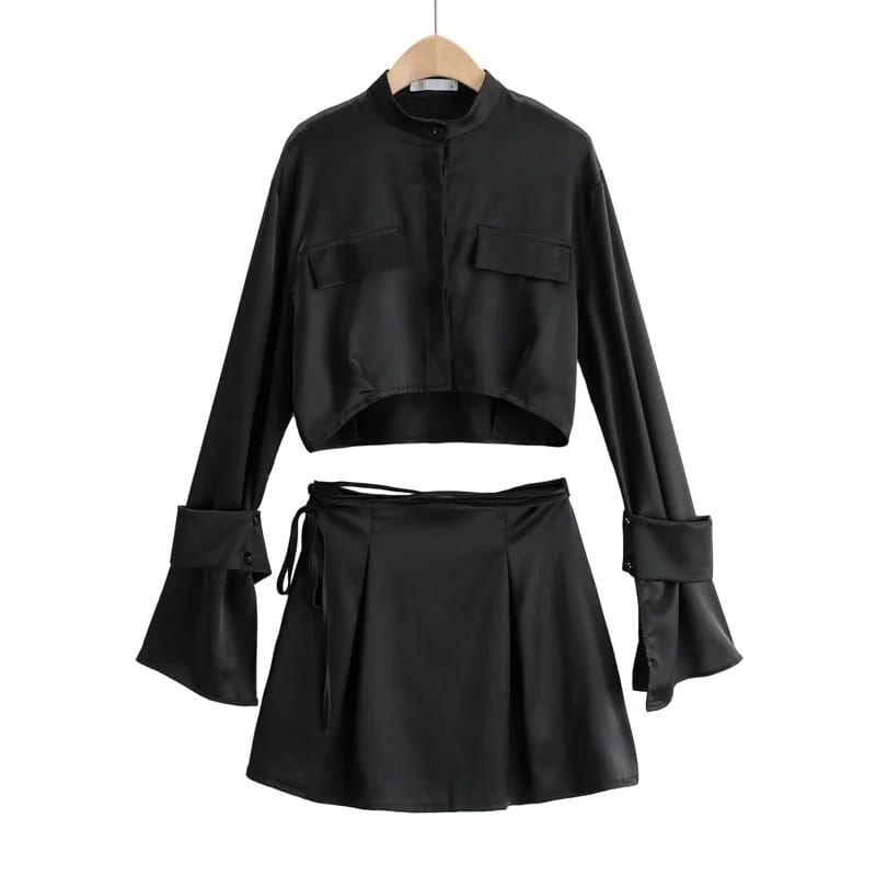 Women White Long Sleeve Satin Stand Collar Crop top Shirt with Cuff Closer and Tie Strap Mini