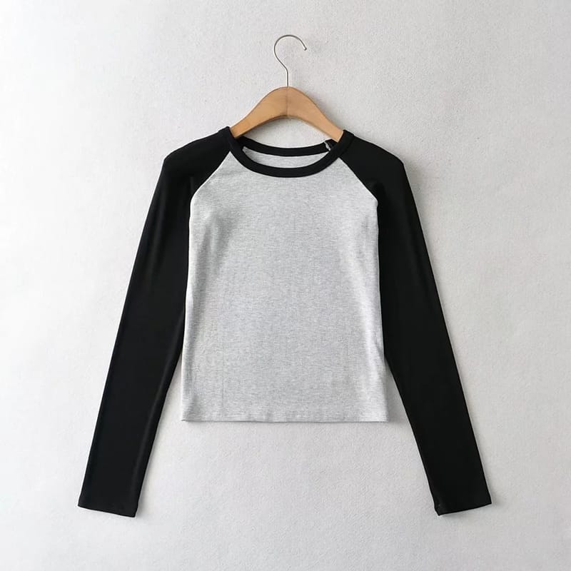 Women White with Black Long Sleeve Colorblock Raglan Rib Fitted T-shirt