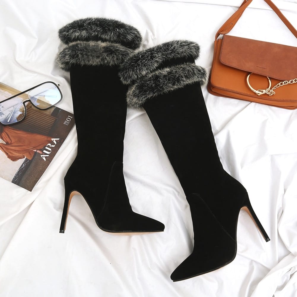 Women Brown Pointed Toe Knee Boots with thin High Heels and Double Grey Fur detail Booties