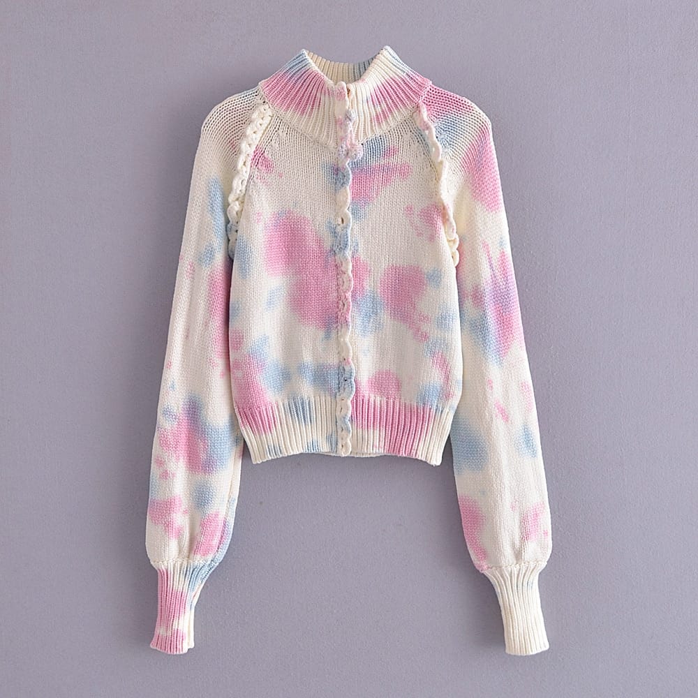 Women Stand Collar Tie Dye Colored Knitted Long Sleeve Cardigan with Zipper detail