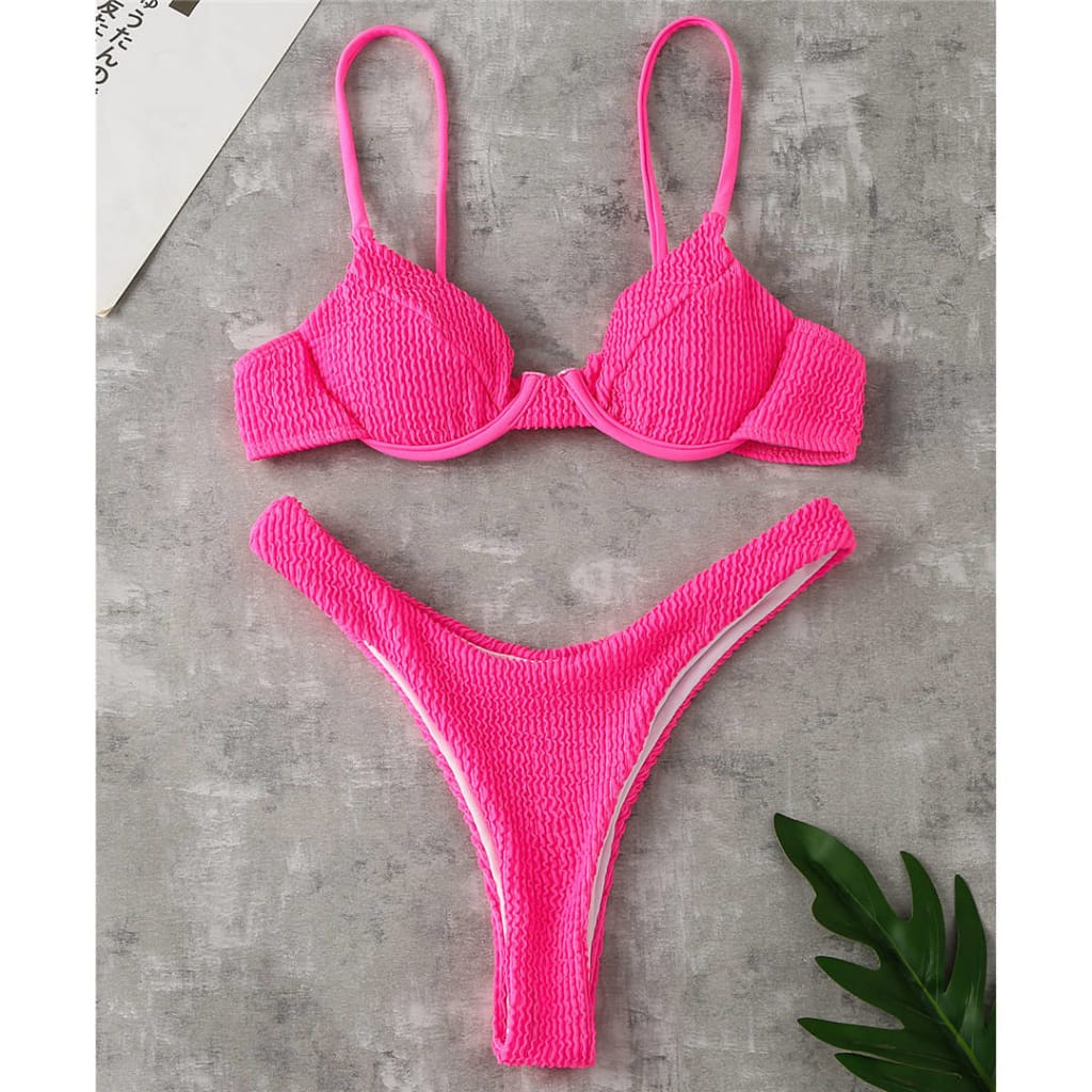 Hot Pink Ribbed Underwired High Cut Bikini Women Two-pieces Swimsuit